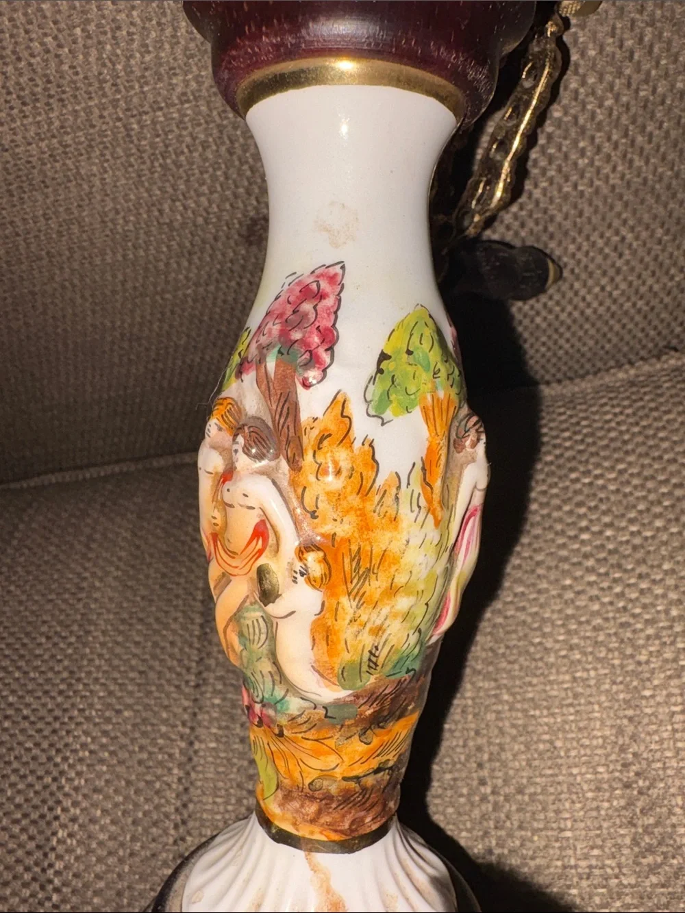 Rare find vintage Capodimonte musical pepper grinder.  Porcelain brass & wood.
